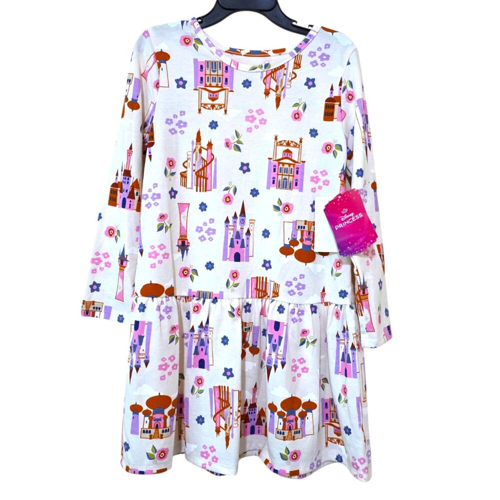 Disney Princess Dress Toddler Girls Castle Print Drop Waist Long Sleeves 2T-4T